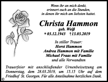 Anzeige von Christa Hammon von Nordbayerischer Kurier