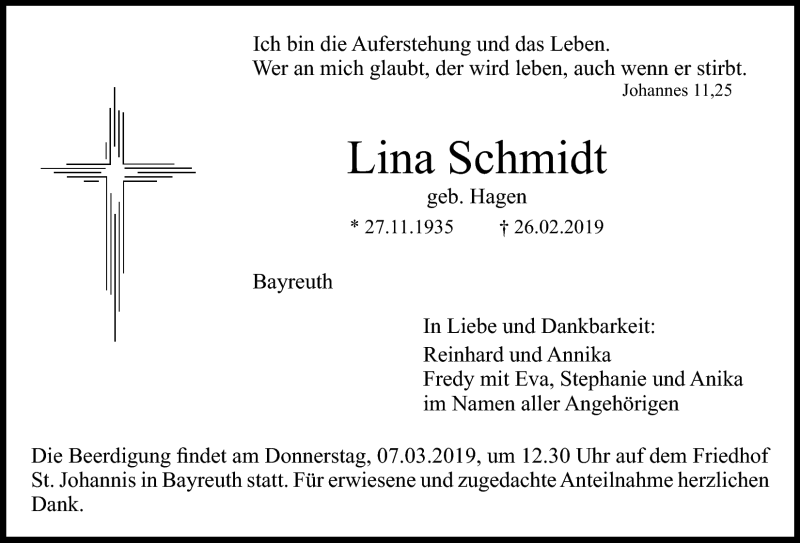  Traueranzeige für Lina Schmidt vom 02.03.2019 aus Nordbayerischer Kurier