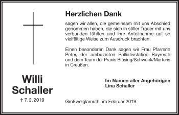 Anzeige von Willi Schaller von Nordbayerischer Kurier