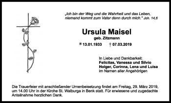 Anzeige von Ursula Maisel von Nordbayerischer Kurier