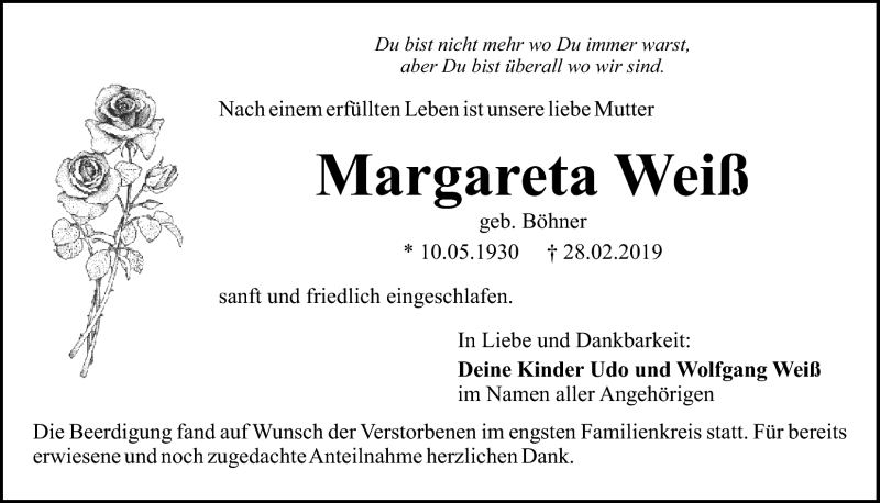  Traueranzeige für Margareta Weiß vom 13.03.2019 aus Nordbayerischer Kurier