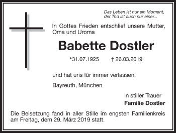Anzeige von Babette Dostler von Nordbayerischer Kurier