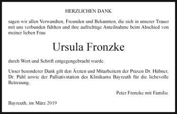 Anzeige von Ursula Fronzke von Nordbayerischer Kurier