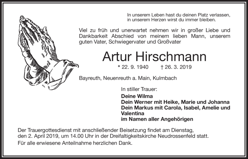  Traueranzeige für Artur Hirschmann vom 30.03.2019 aus Nordbayerischer Kurier