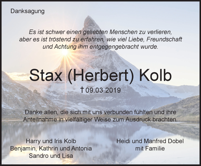  Traueranzeige für Stax Kolb vom 23.03.2019 aus Nordbayerischer Kurier