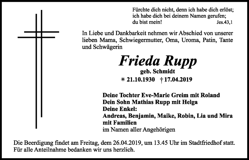  Traueranzeige für Frieda Rupp vom 24.04.2019 aus Nordbayerischer Kurier