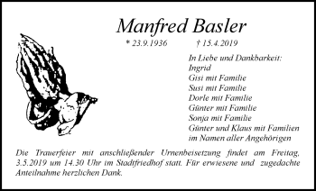 Anzeige von Manfred Basler von Nordbayerischer Kurier