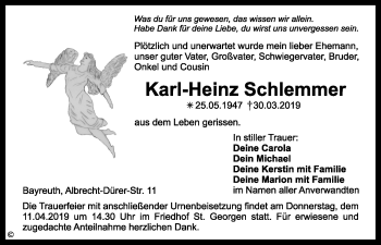 Anzeige von Karl-Heinz Schlemmer von Nordbayerischer Kurier