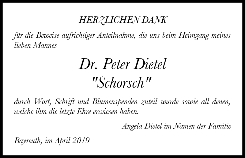  Traueranzeige für Dr. Peter Dietel vom 13.04.2019 aus Nordbayerischer Kurier