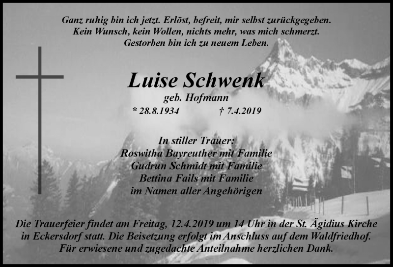  Traueranzeige für Luise Schwenk vom 11.04.2019 aus Nordbayerischer Kurier