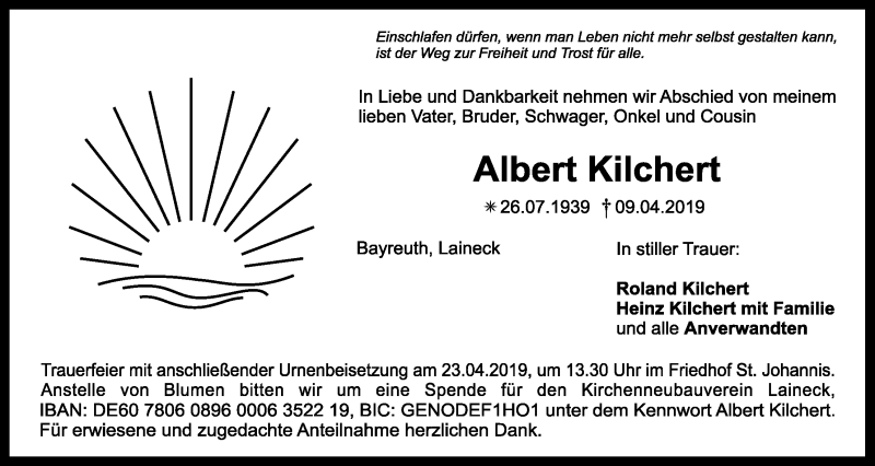  Traueranzeige für Albert Kilchert vom 17.04.2019 aus Nordbayerischer Kurier