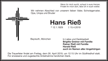 Anzeige von Hans Rieß von Nordbayerischer Kurier