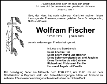 Anzeige von Wolfram Fischer von Nordbayerischer Kurier