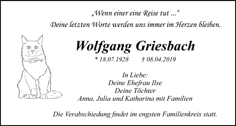  Traueranzeige für Wolfgang Griesbach vom 27.04.2019 aus Nordbayerischer Kurier