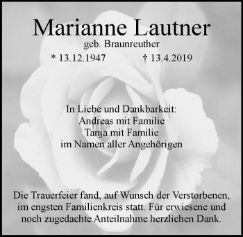 Anzeige von Marianne Lautner von Nordbayerischer Kurier