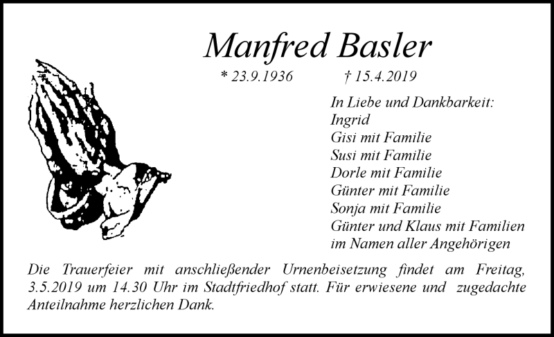  Traueranzeige für Manfred Basler vom 27.04.2019 aus Nordbayerischer Kurier