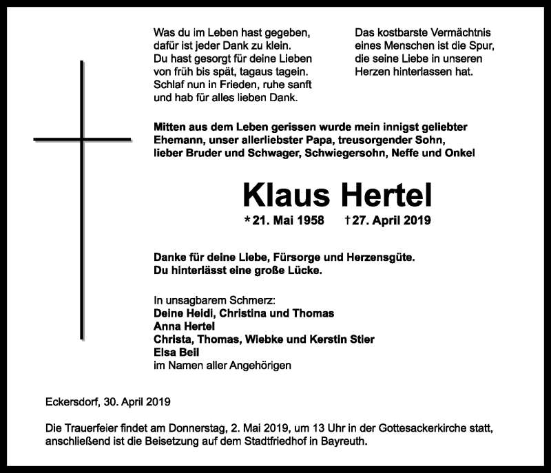  Traueranzeige für Klaus Hertel vom 30.04.2019 aus Nordbayerischer Kurier
