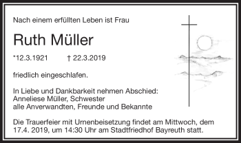 Anzeige von Ruth Müller von Nordbayerischer Kurier