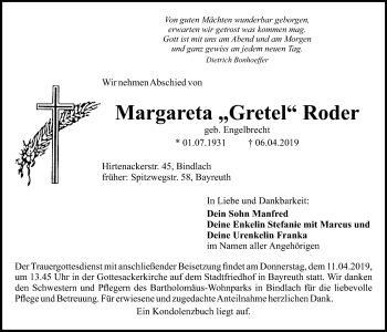 Anzeige von Margareta Roder von Nordbayerischer Kurier