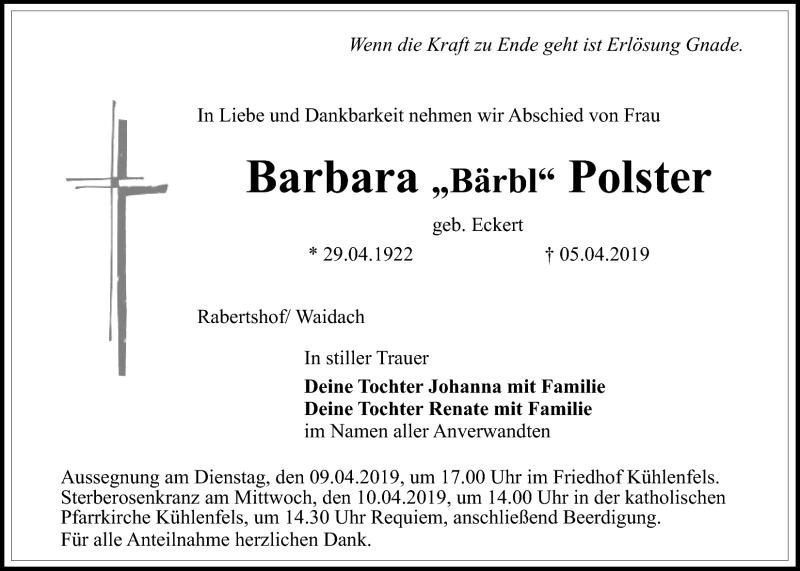  Traueranzeige für Barbara Polster vom 09.04.2019 aus Nordbayerischer Kurier