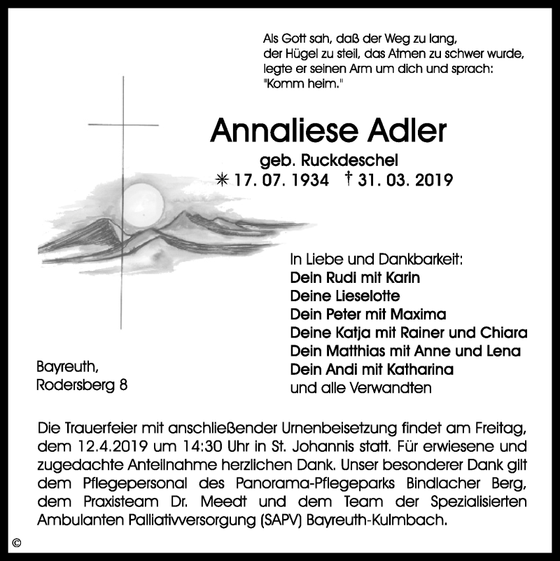  Traueranzeige für Annaliese Adler vom 06.04.2019 aus Nordbayerischer Kurier