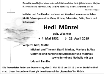 Anzeige von Hedi Münzel von Nordbayerischer Kurier