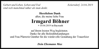 Anzeige von Irmgard Böhner von Nordbayerischer Kurier