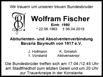 Anzeige von Wolfram Fischer von Nordbayerischer Kurier