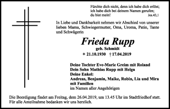 Anzeige von Frieda Rupp von Nordbayerischer Kurier