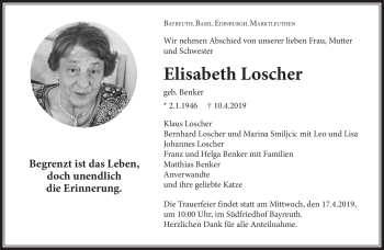Anzeige von Elisabeth Loscher von Nordbayerischer Kurier