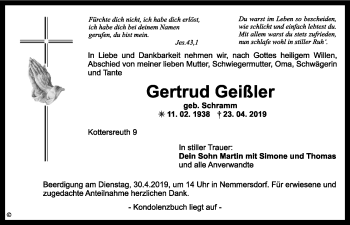 Anzeige von Gertrud Geißler von Nordbayerischer Kurier