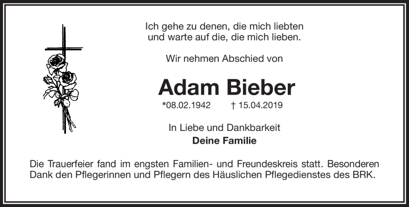  Traueranzeige für Adam Bieber vom 04.05.2019 aus Nordbayerischer Kurier