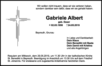 Anzeige von Gabriele Albert von Nordbayerischer Kurier