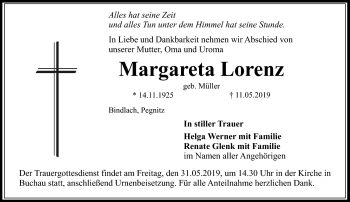 Anzeige von Margareta Lorenz von Nordbayerischer Kurier