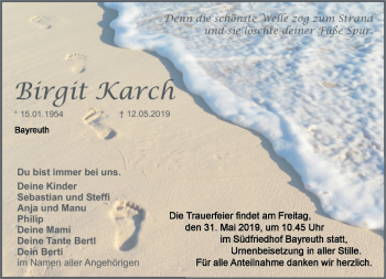 Anzeige von Birgit Karch von Nordbayerischer Kurier