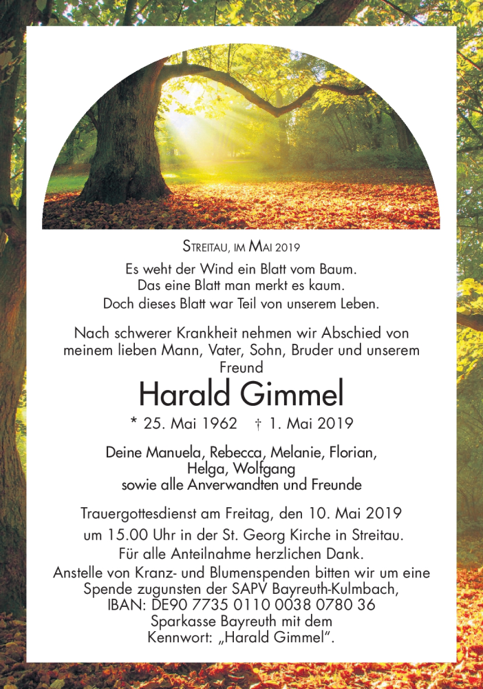  Traueranzeige für Harald Gimmel vom 08.05.2019 aus Nordbayerischer Kurier