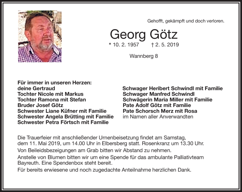  Traueranzeige für Georg Götz vom 09.05.2019 aus Nordbayerischer Kurier