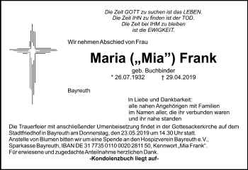 Anzeige von Maria Frank von Nordbayerischer Kurier