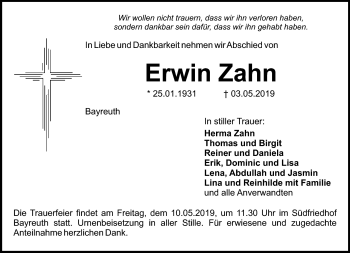 Anzeige von Erwin Zahn von Nordbayerischer Kurier