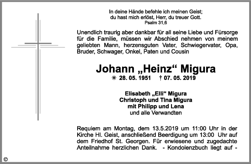  Traueranzeige für Johann Migura vom 10.05.2019 aus Nordbayerischer Kurier