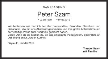 Anzeige von Peter Szam von Nordbayerischer Kurier