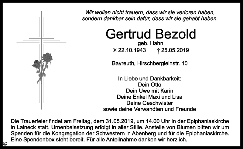  Traueranzeige für Gertrud Bezold vom 28.05.2019 aus Nordbayerischer Kurier