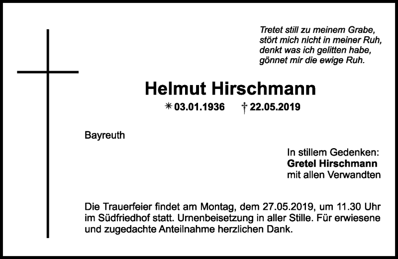  Traueranzeige für Helmut Hirschmann vom 24.05.2019 aus Nordbayerischer Kurier