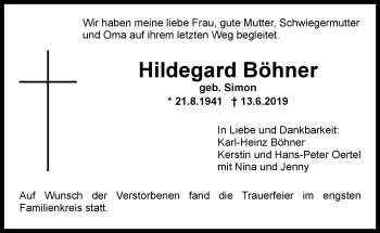 Anzeige von Hildegard Böhner von Nordbayerischer Kurier