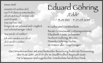 Anzeige von Eduard Göhring von Nordbayerischer Kurier