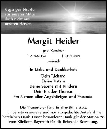 Anzeige von Margit Heider von Nordbayerischer Kurier