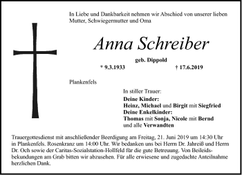 Anzeige von Anna Schreiber von Nordbayerischer Kurier