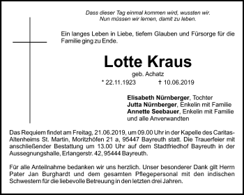 Anzeige von Lotte Kraus von Nordbayerischer Kurier