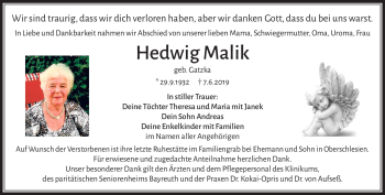 Anzeige von Hedwig Malik von Nordbayerischer Kurier