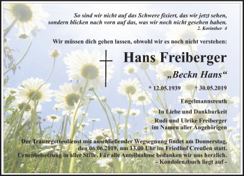 Anzeige von Hans Freiberger von Nordbayerischer Kurier